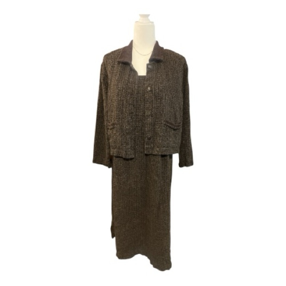Vtg Sweet Jessie Brown Black Knit‎ 2pc Dress Jacket Set XL Lagenlook Cottagecore - Picture 2 of 6
